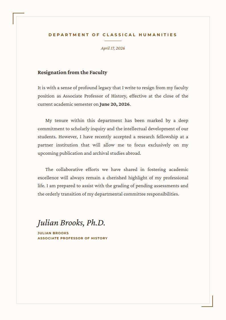 Academic Faculty Resignation - Resignation Letter