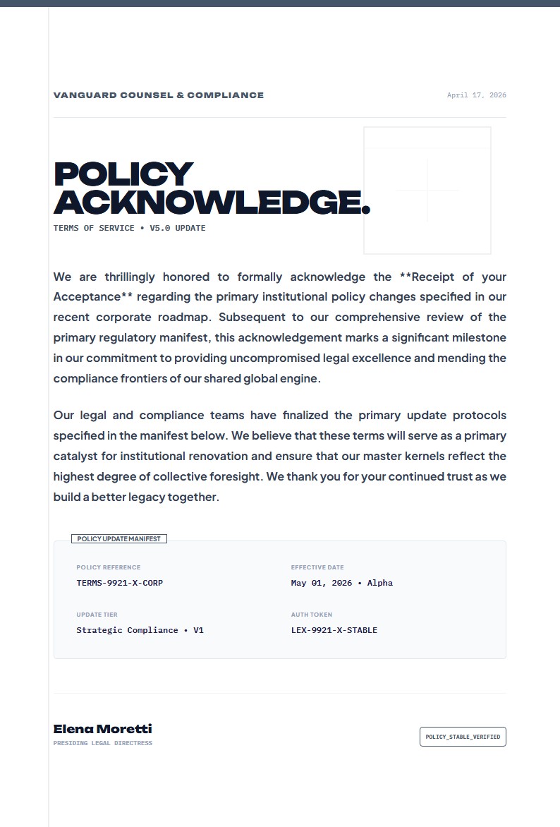 Acknowledgement of Change in Terms or Policy - Acknowledge Letter