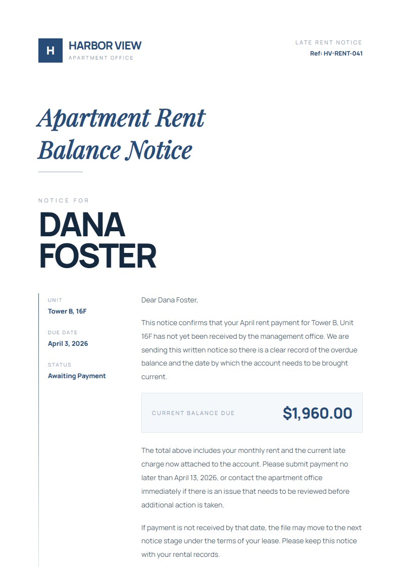 Apartment Rent Balance Notice - Late Rent Notice Template