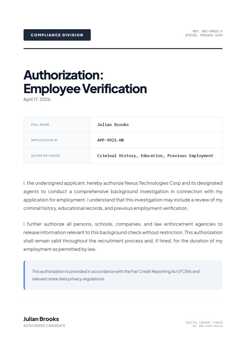 Background Check Verification Authorization - Authorization Letter