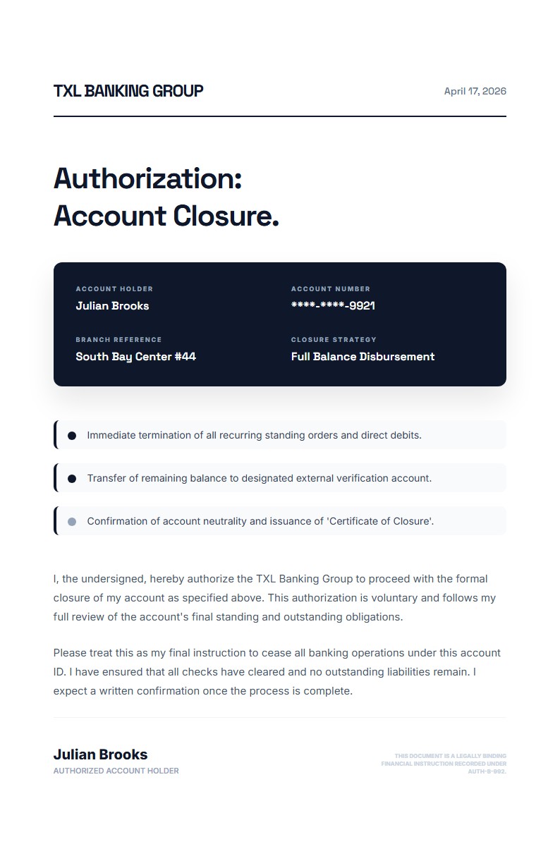 Bank Account Closure Authorization - Authorization Letter Template