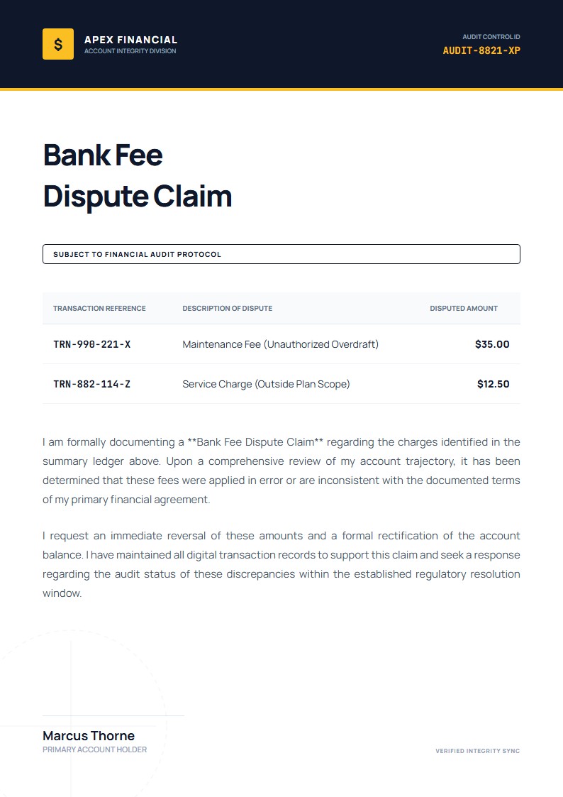 Bank Fee Dispute Claim - Claim Letter Template