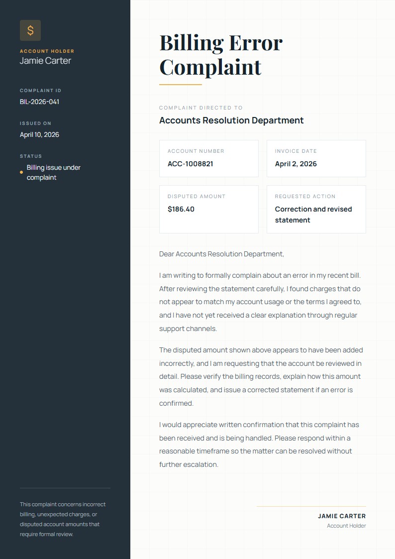 Billing Error Complaint - Complaint Letter