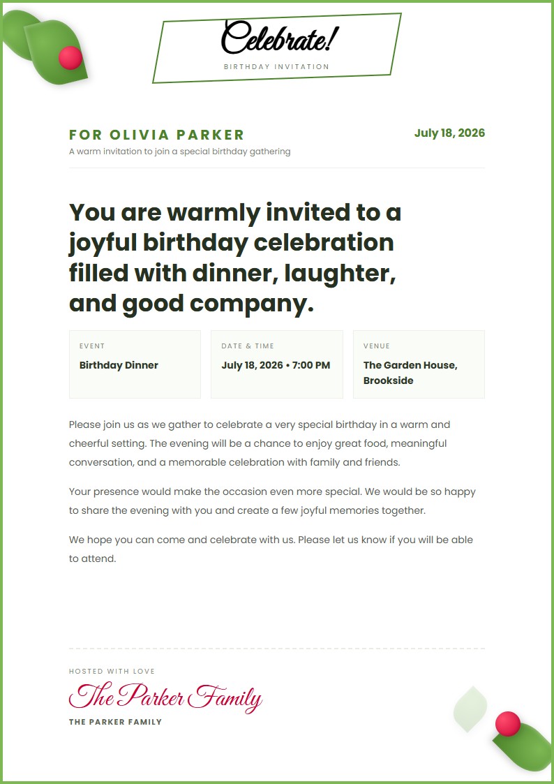 Birthday Celebration Invitation - Invitation Letter Template