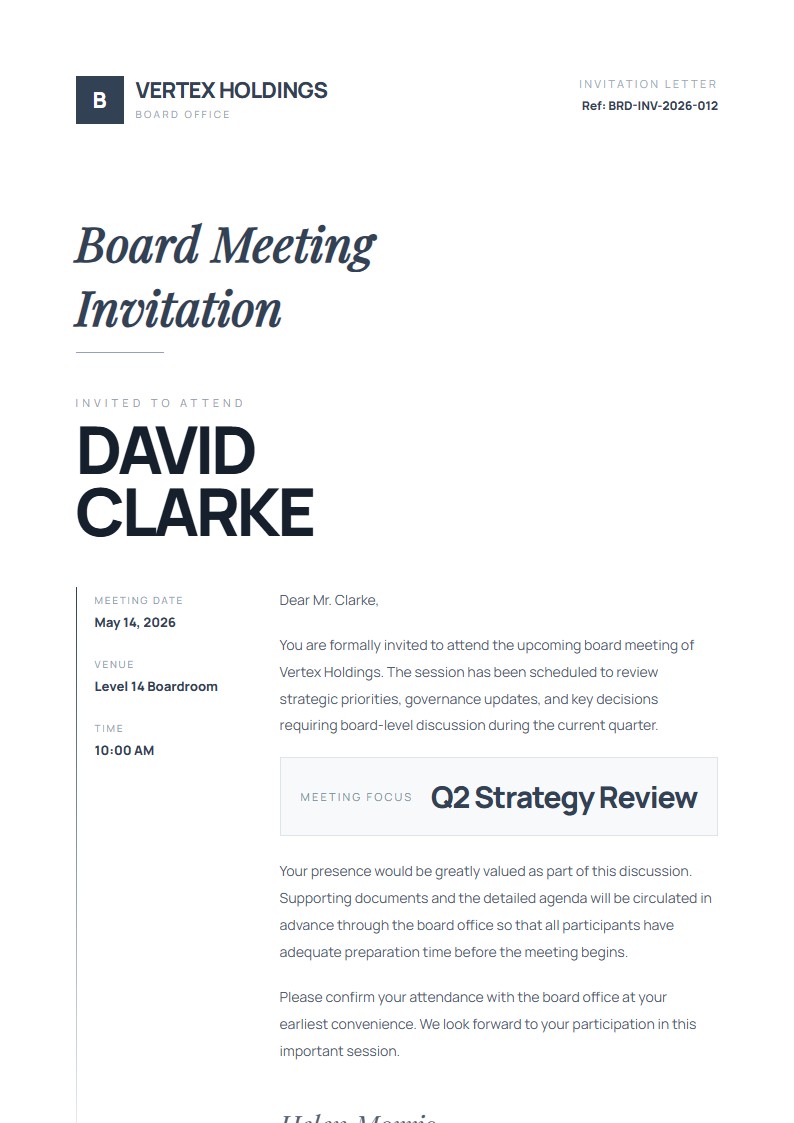 Board Meeting Invitation - Invitation Letter Template