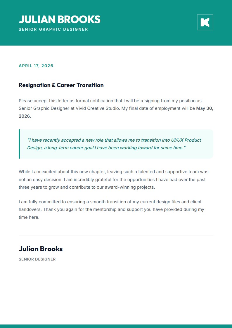 Career Change Resignation - Resignation Letter Template