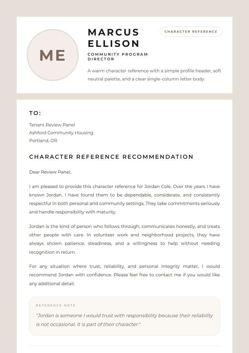 Character Reference Recommendation - Recommendation Letter