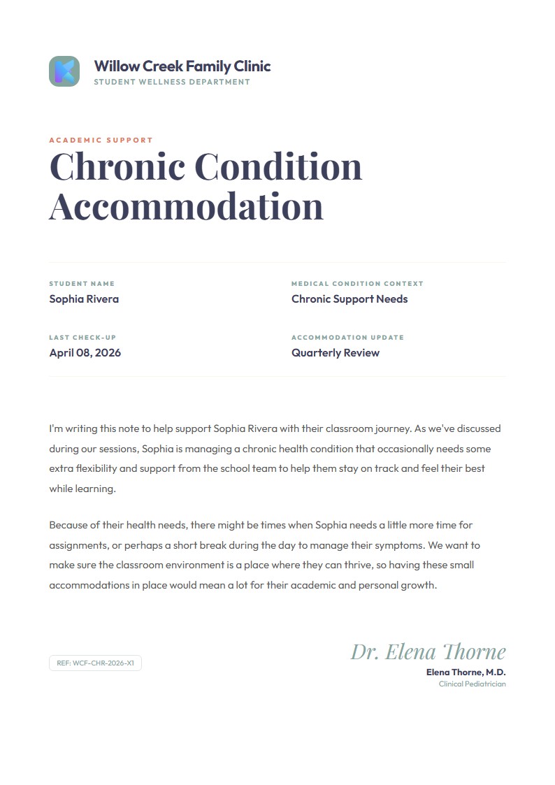 Chronic Condition Classroom Accommodation - Doctor Excuse Note