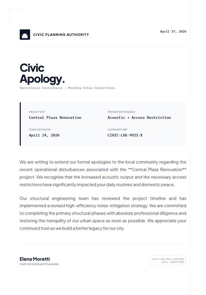 Civic Disturbance & Renovation Apology - Apology Letter
