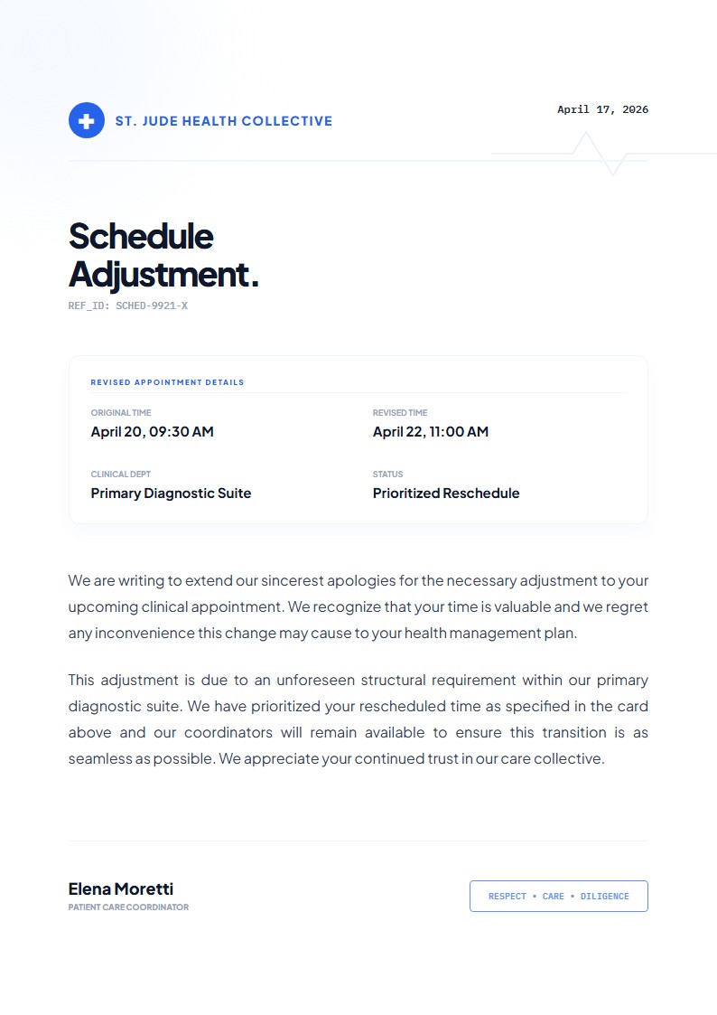 Clinical Schedule Adjustment Apology - Apology Letter