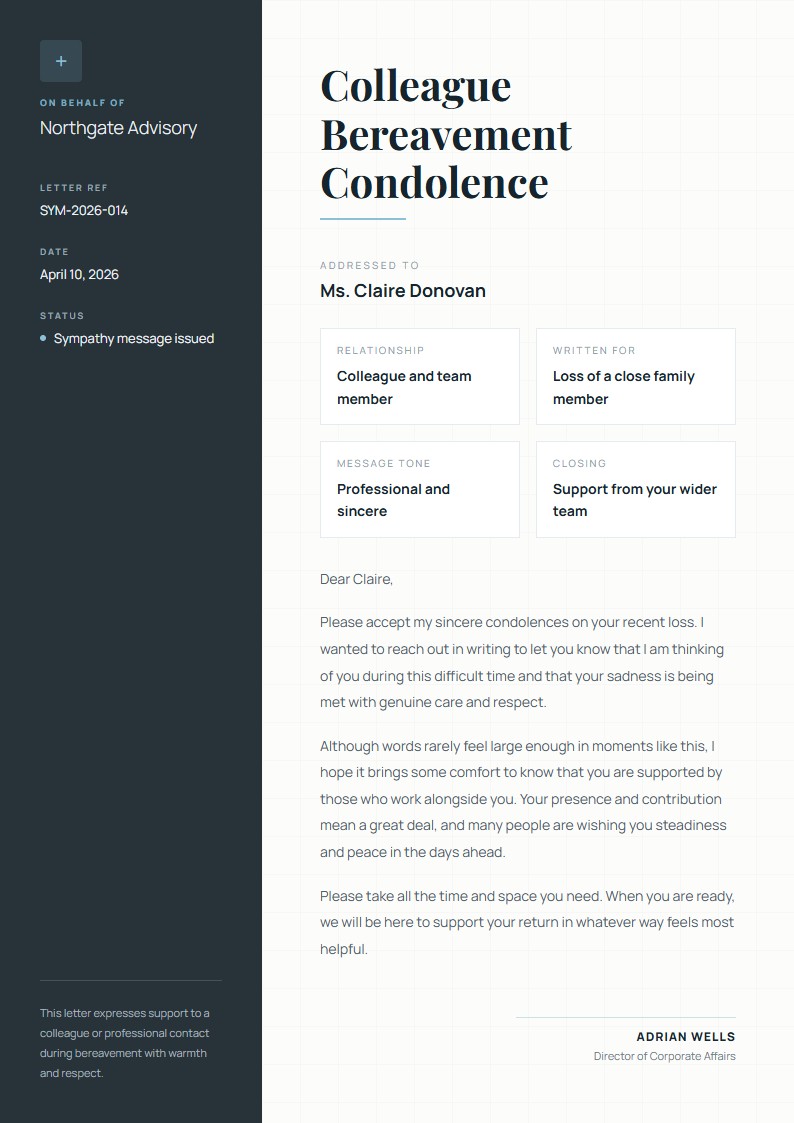 Colleague Bereavement Condolence - Condolence Letter Template