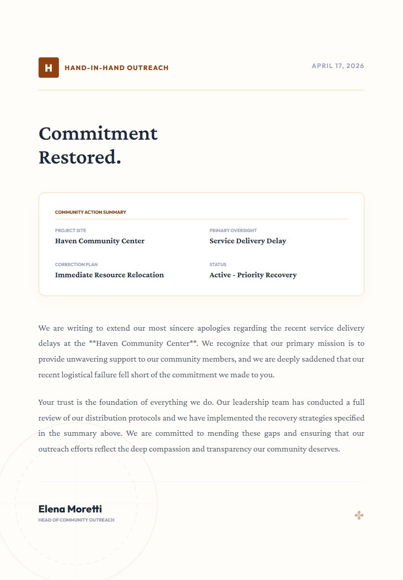 Community Support Commitment Apology - Apology Letter