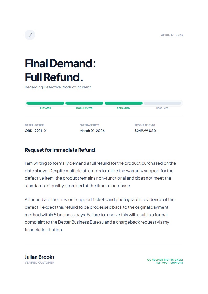 Consumer Refund Demand - Demand Letter