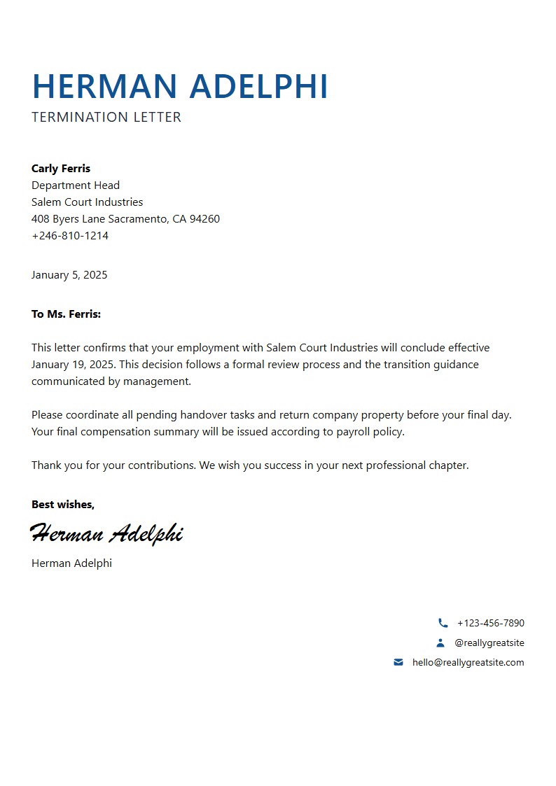 Contract End Transition Termination Letter - Carta de Terminación Template