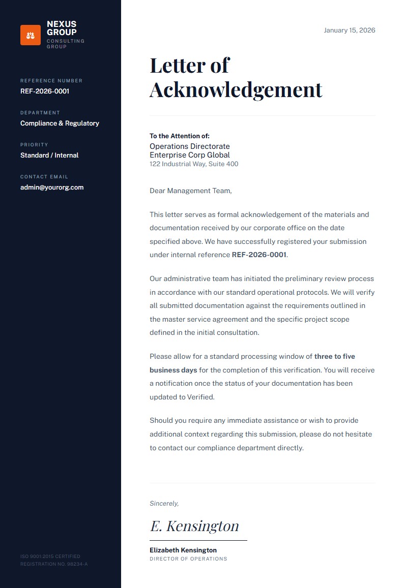 法人書類提出受領確認書 - 受領確認レター Template