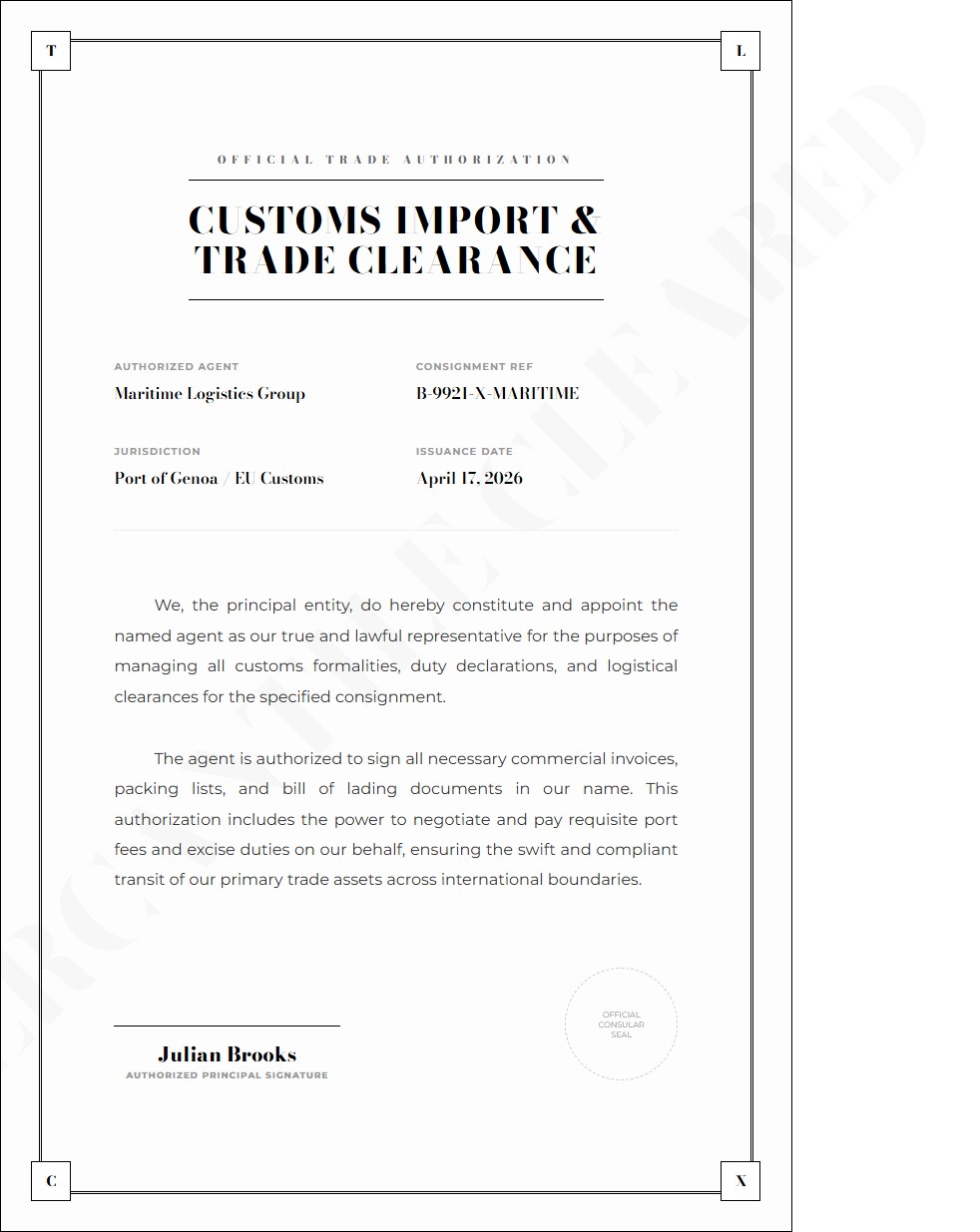 International Trade & Customs Authorization - Authorization Letter