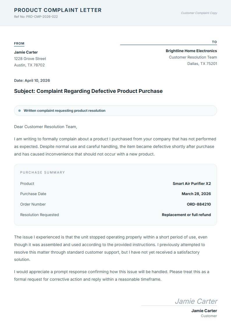 Defective Product Complaint - Complaint Letter Template
