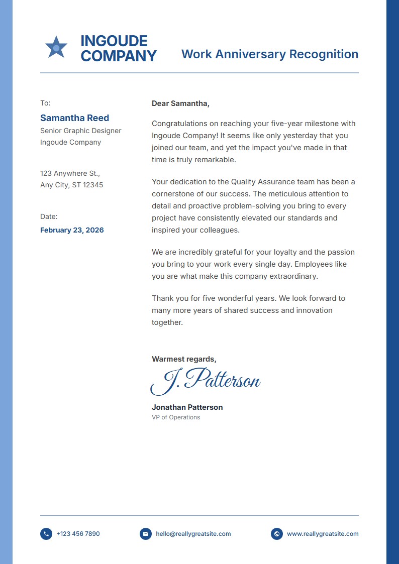 Employee Anniversary Recognition - Carta de Felicitación Template