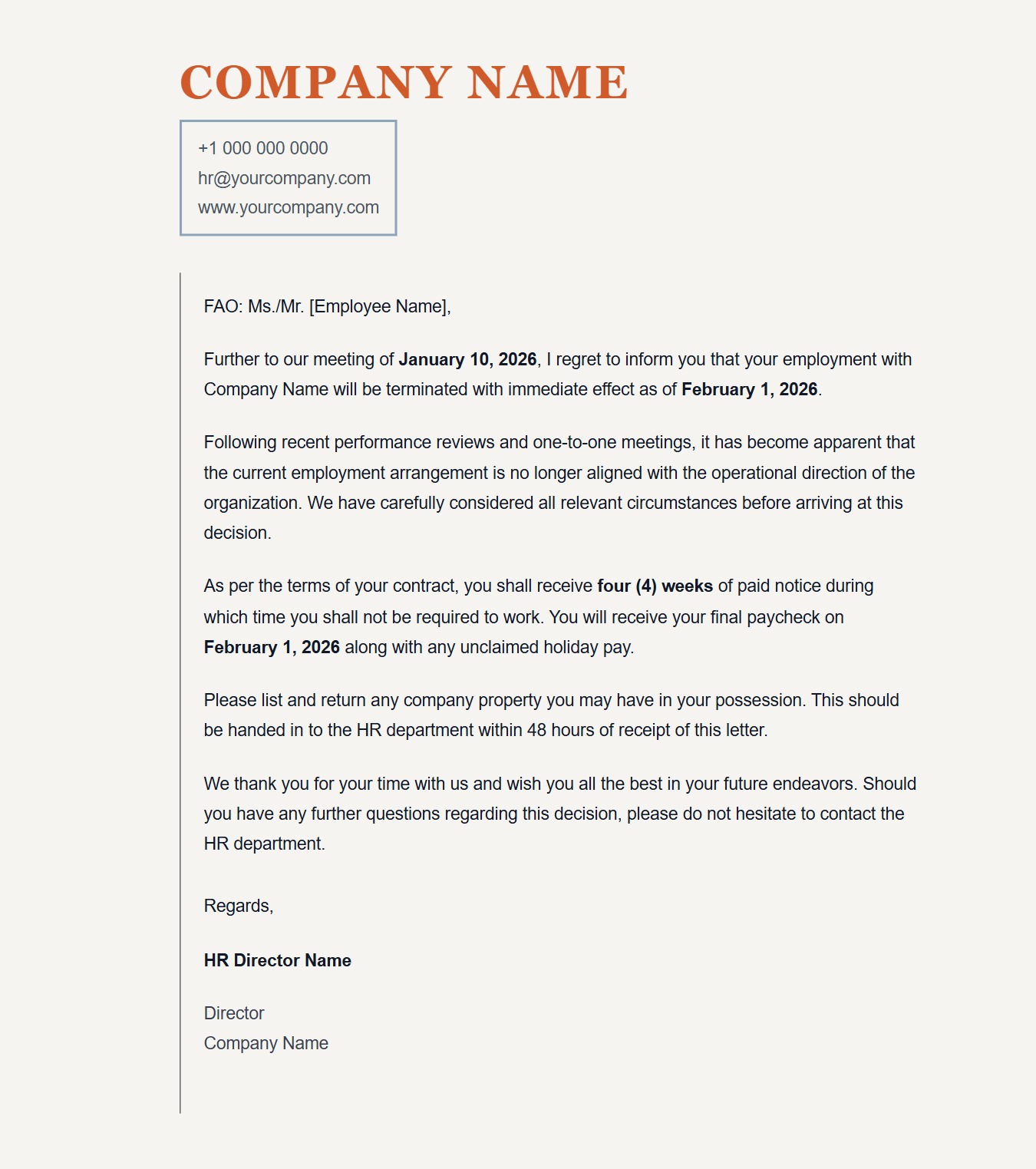 Employee Contract Termination Notice - Termination Letter Template