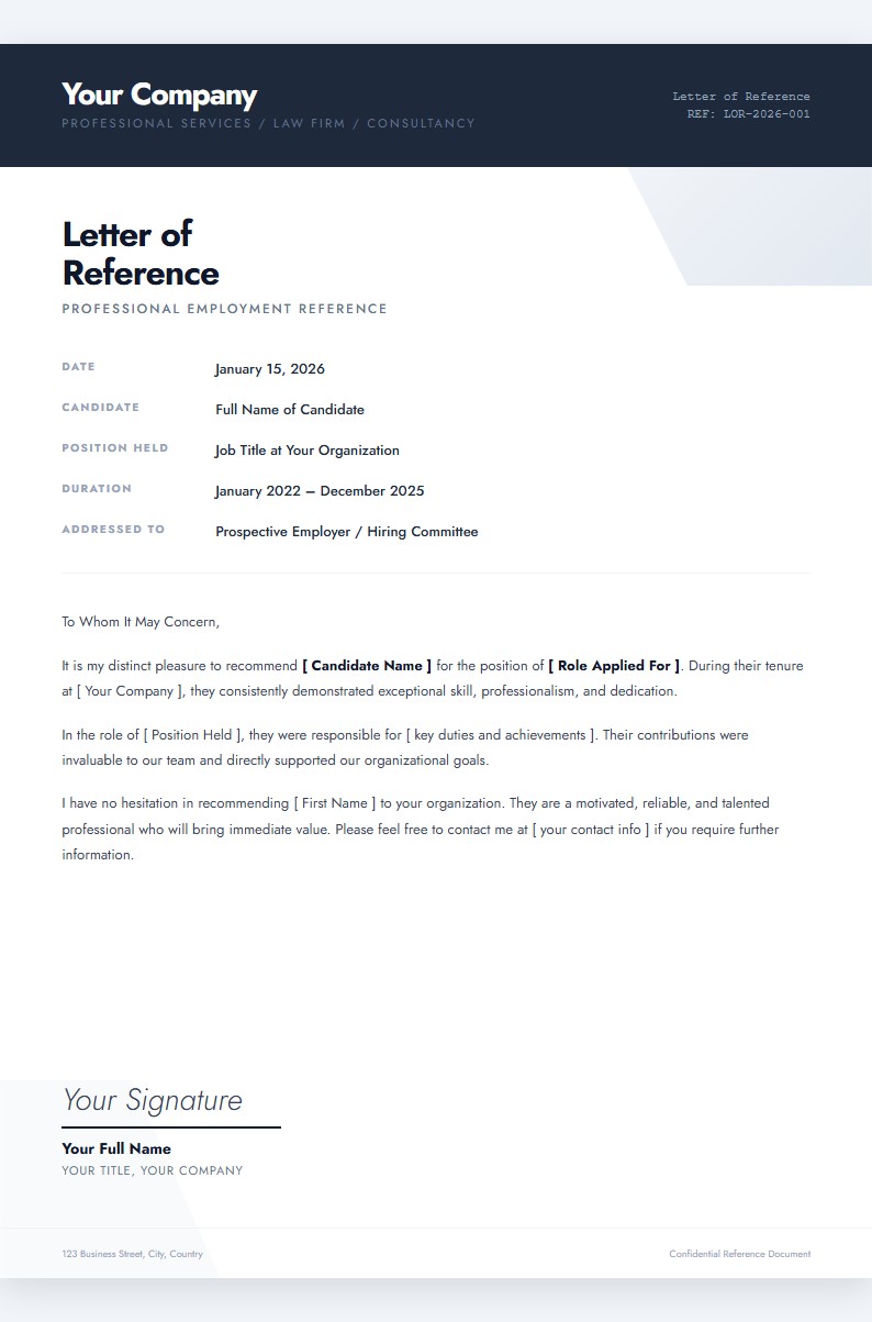 Professional Employment Reference Letter - Application Letter Template