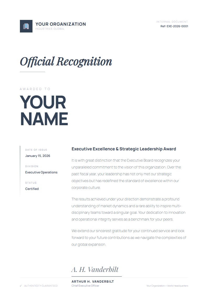 Executive Leadership Excellence Award - Congratulation Letter