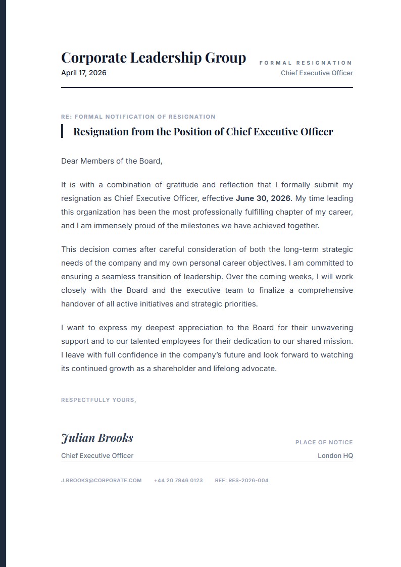 Executive Leadership Resignation - Resignation Letter Template