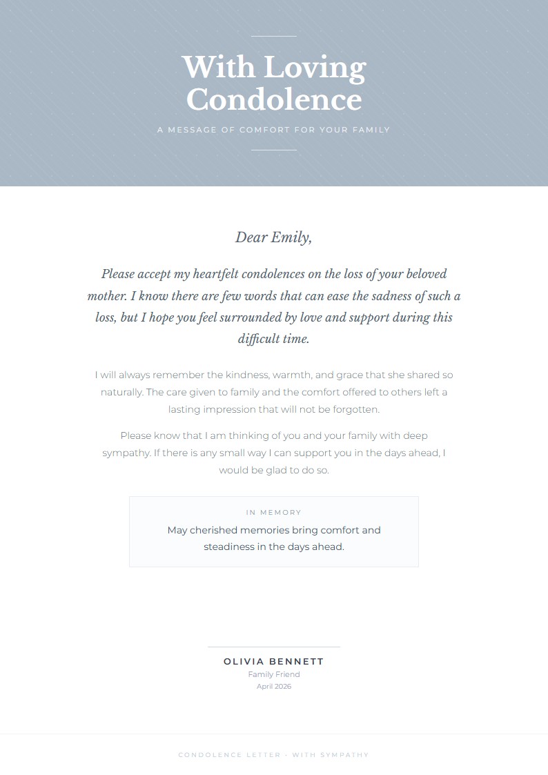 Family Bereavement Condolence - Condolence Letter Template