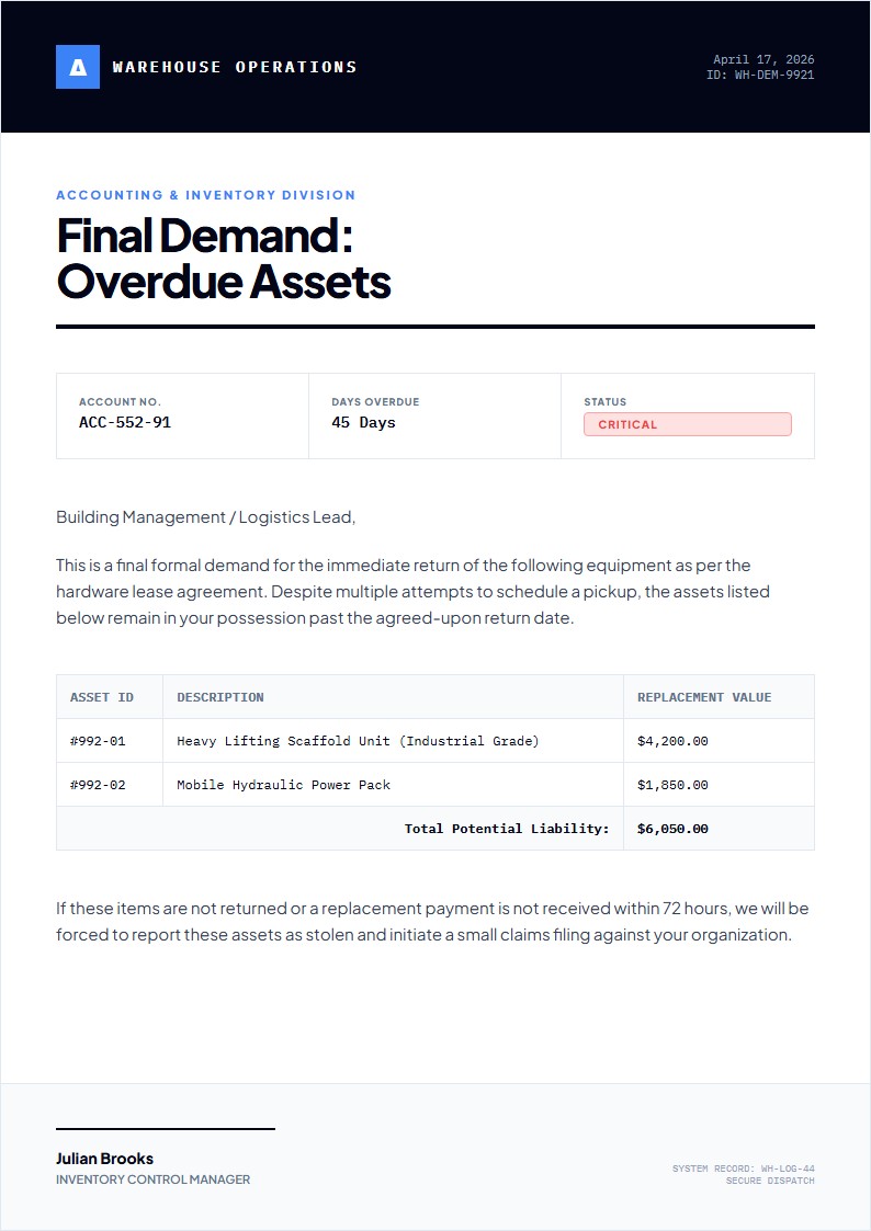 Final Notice Overdue Inventory - Demand Letter Template