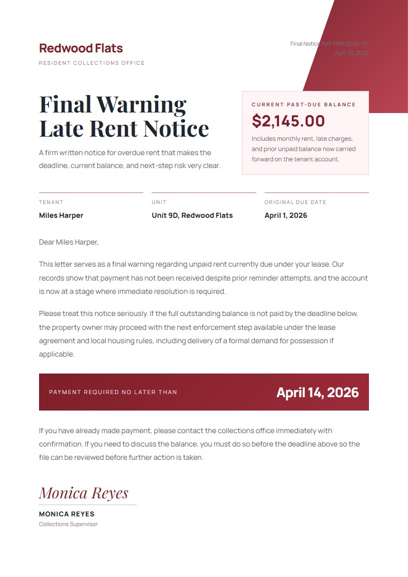Final Warning Late Rent Notice - Late Rent Notice Template