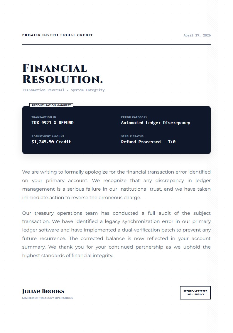 Financial Transaction Error Apology - Apology Letter