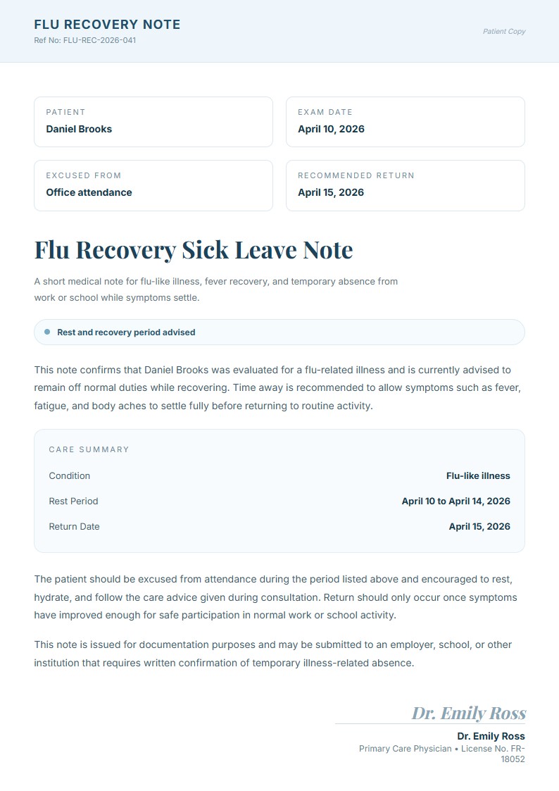 Flu Recovery Sick Leave Note - Sick Leave Note Template