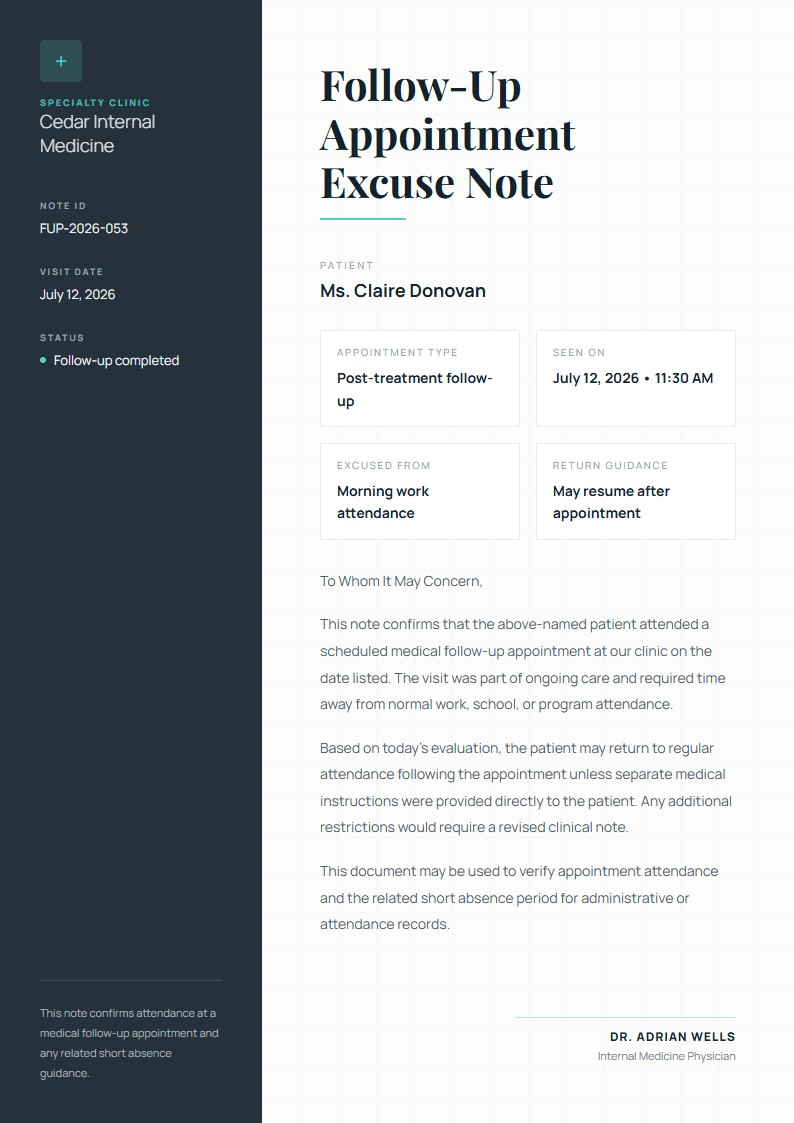 Follow-Up Appointment Excuse Note - Doctor Excuse Note