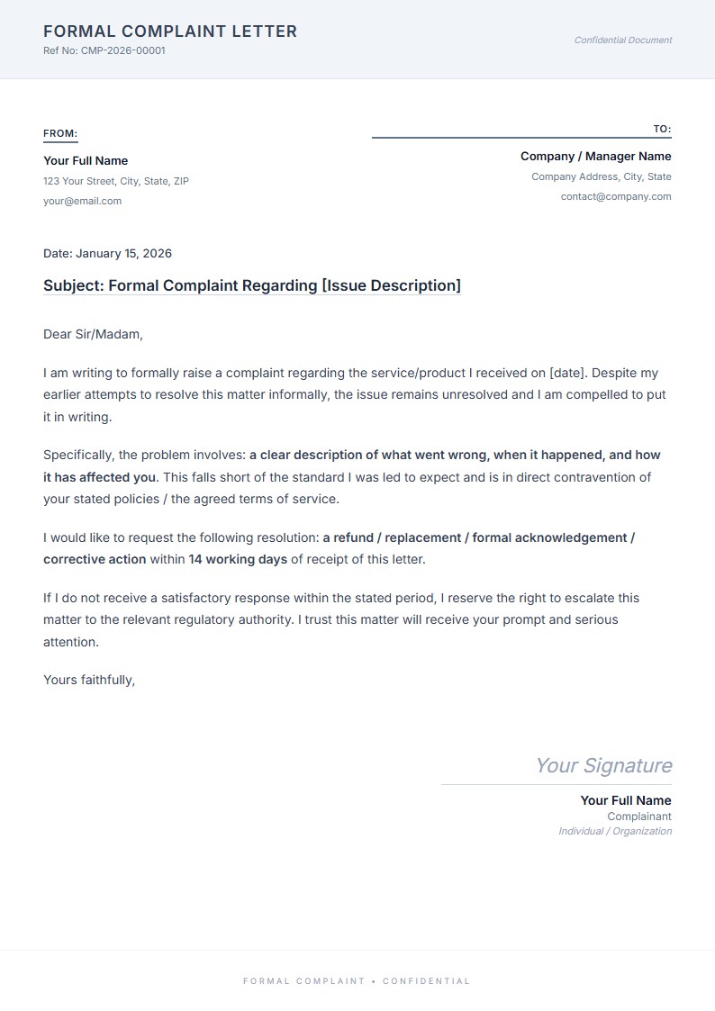 正式な顧客苦情レター - 苦情レター