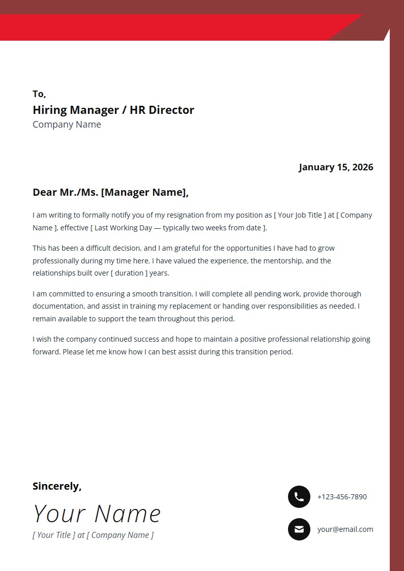 Formal Handover Resignation - Resignation Letter