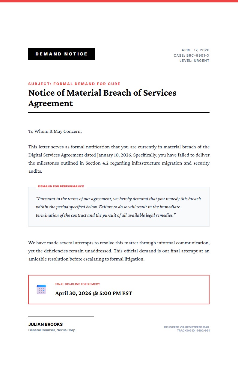 Formal Legal Breach Demand - Demand Letter Template