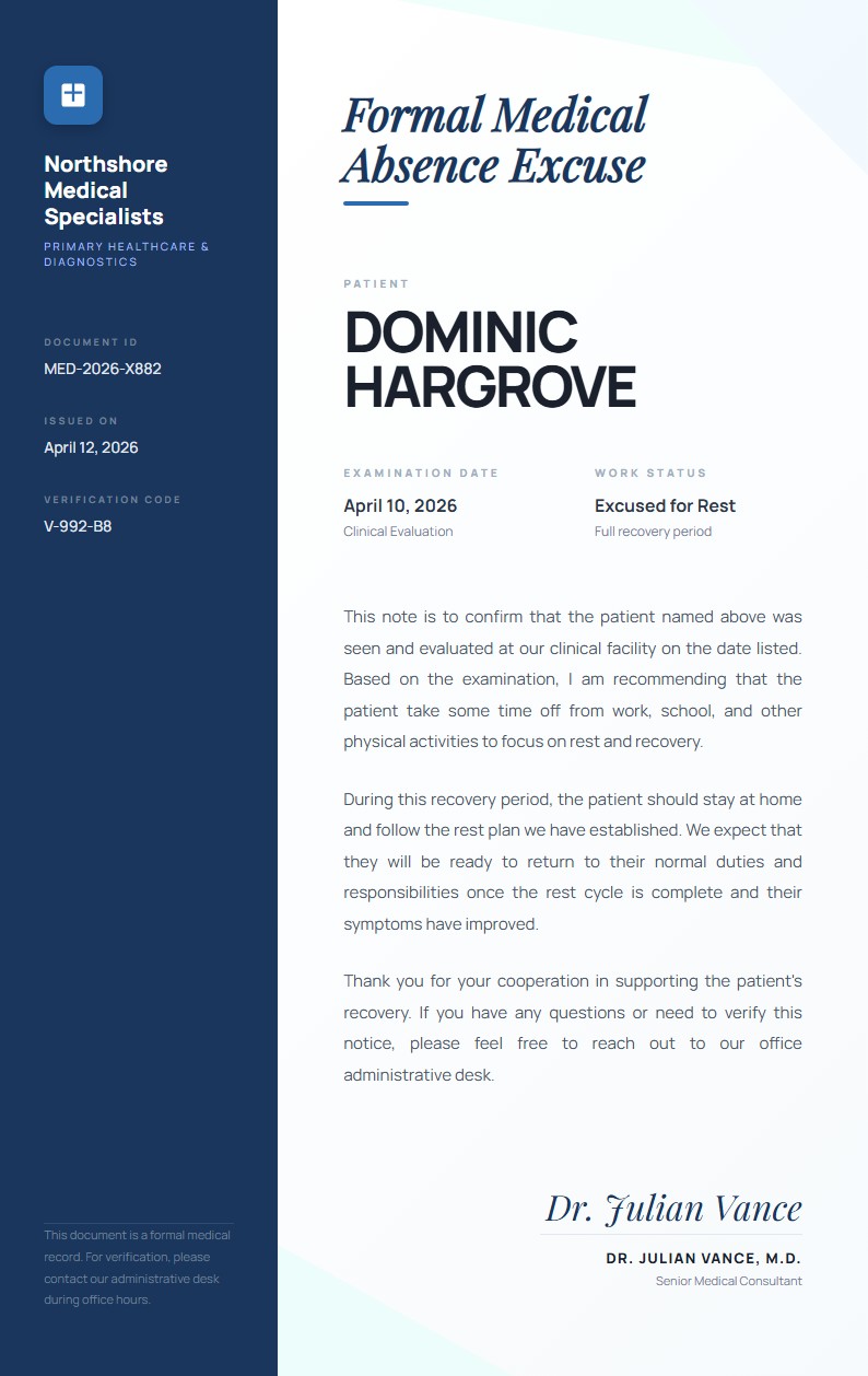 Formal Medical Absence Excuse - Doctor Excuse Note