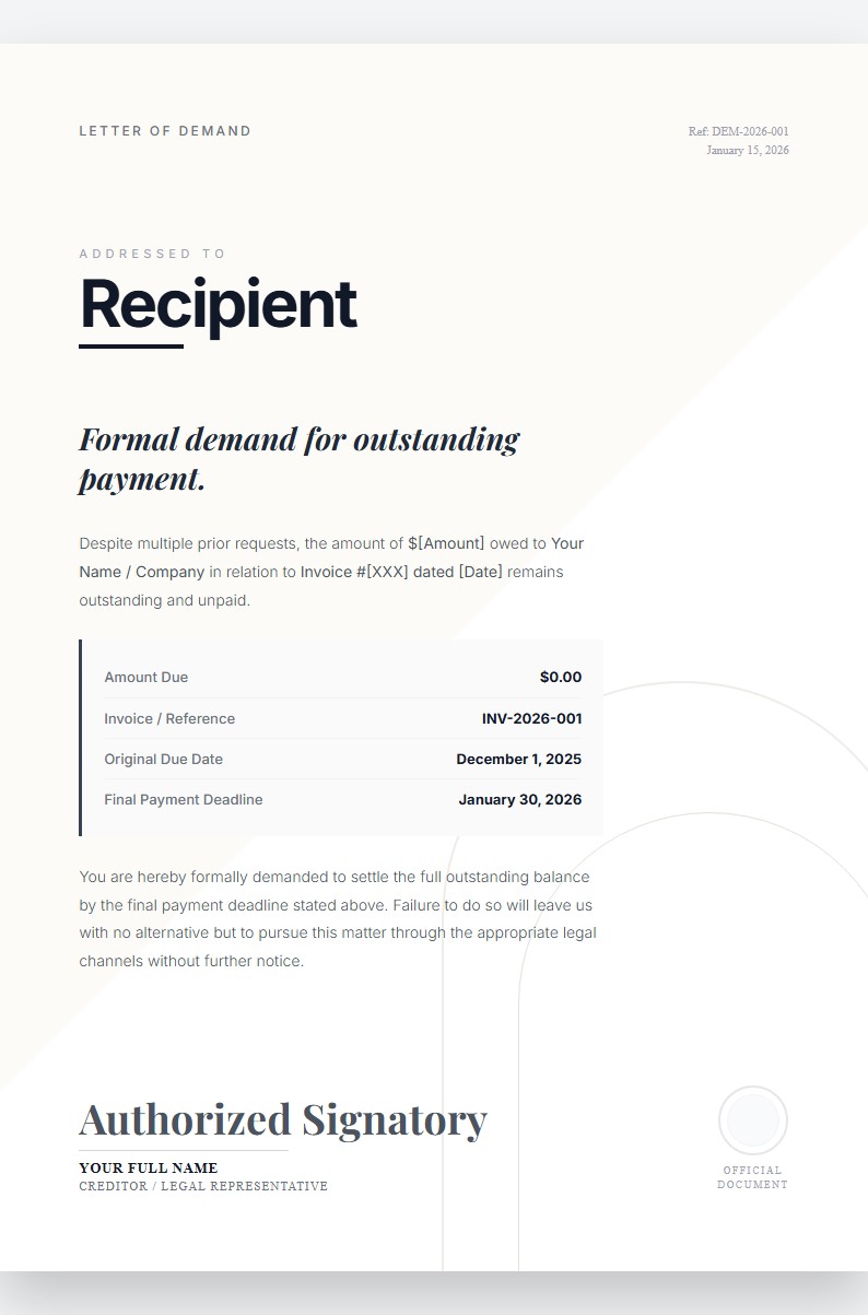 Formal Demand for Payment Letter - Demand Letter Template