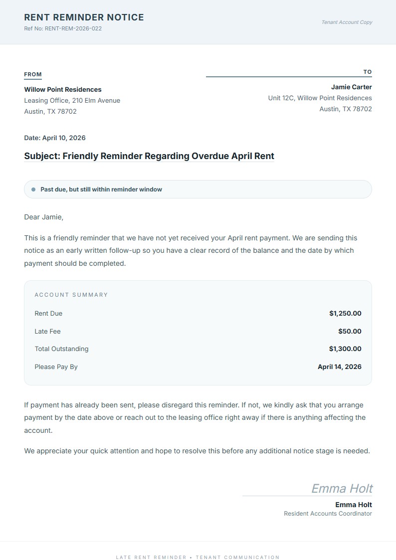 Friendly Rent Reminder Notice - Late Rent Notice