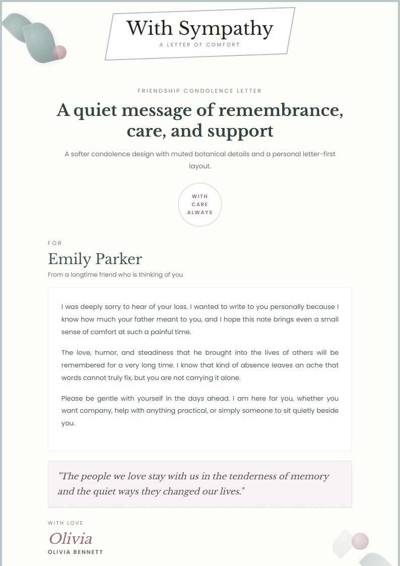 Friendship Condolence Letter - Condolence Letter