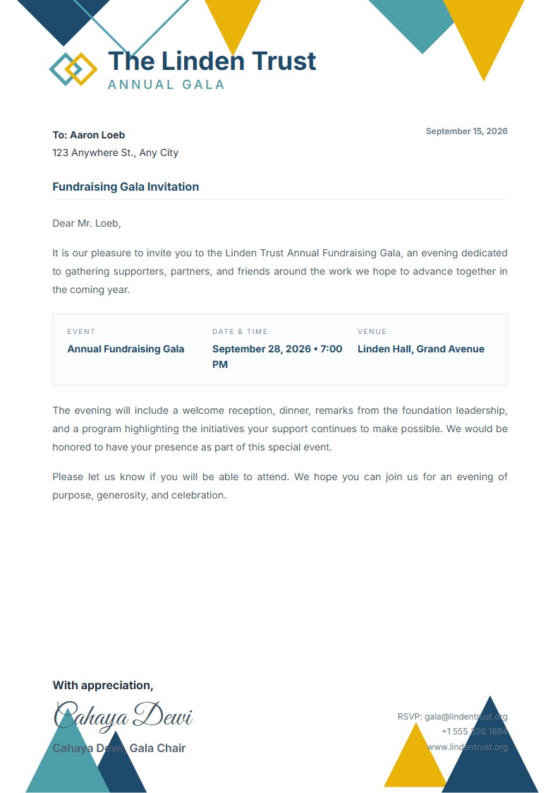 Fundraising Gala Invitation - Invitation Letter Template