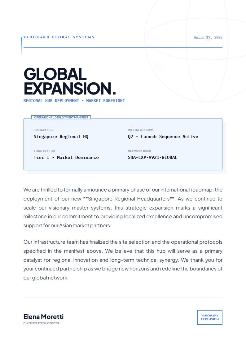 Global Expansion & Regional Hub Announcement - Announcement Letter Template