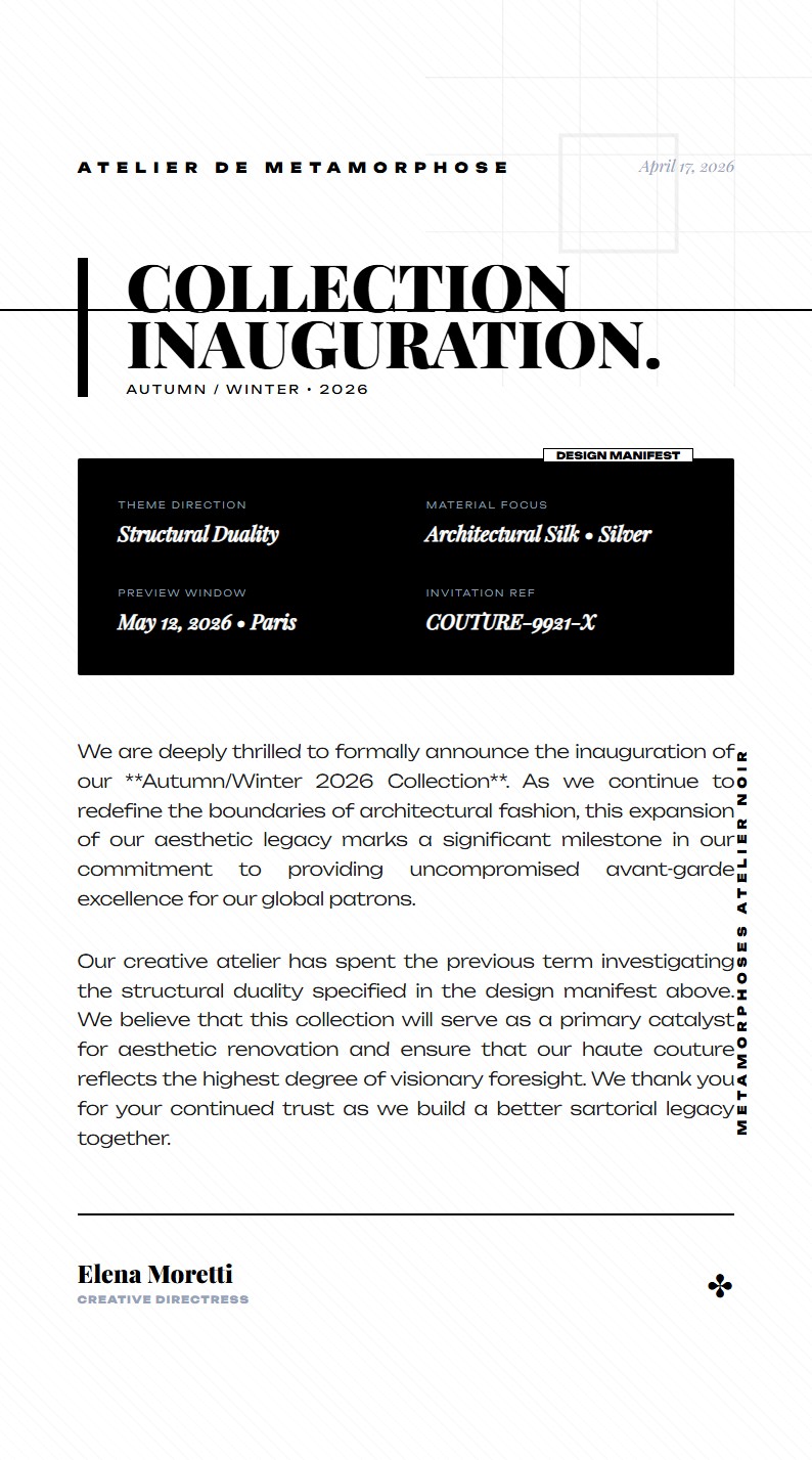 Haute Couture Collection Announcement - Announcement Letter