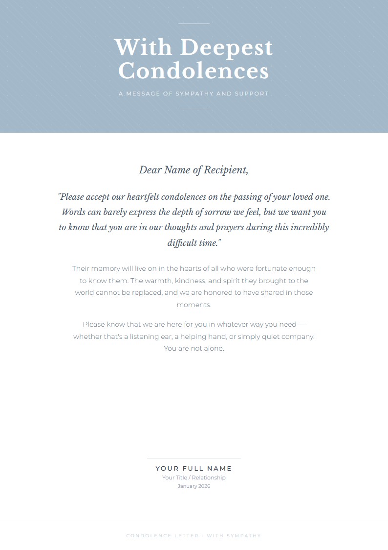 Heartfelt Condolence Letter - Condolence Letter Template