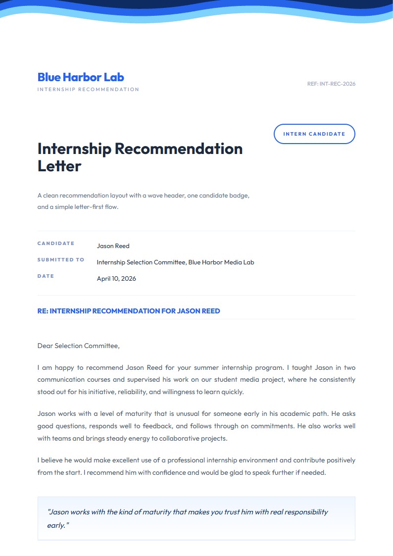 Internship Recommendation Letter - Recommendation Letter Template