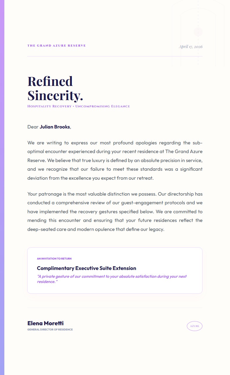 Luxury Hospitality Recovery Apology - Apology Letter