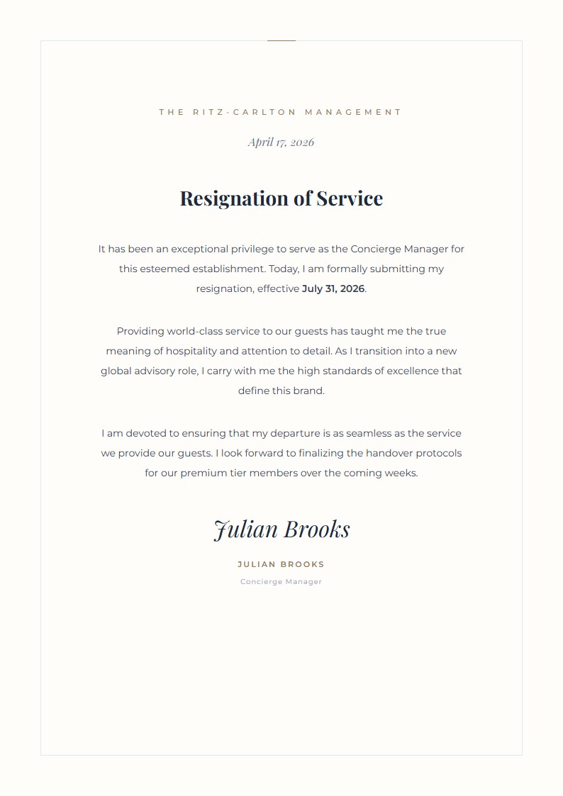 Luxury Hospitality Resignation - Resignation Letter