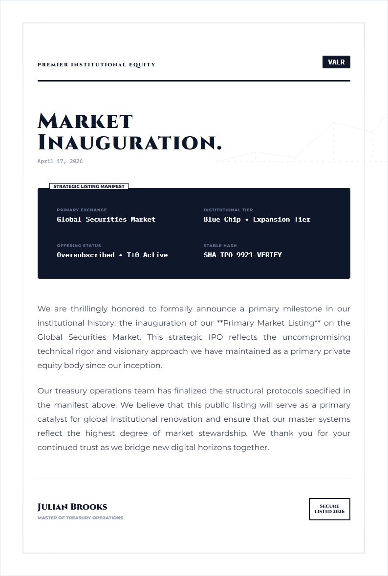 Market Listing & IPO Inauguration Announcement - Announcement Letter