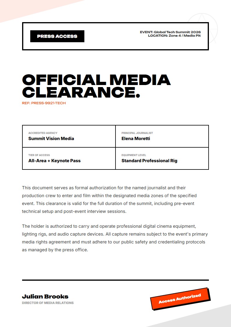 Media & Press Access Authorization - Authorization Letter
