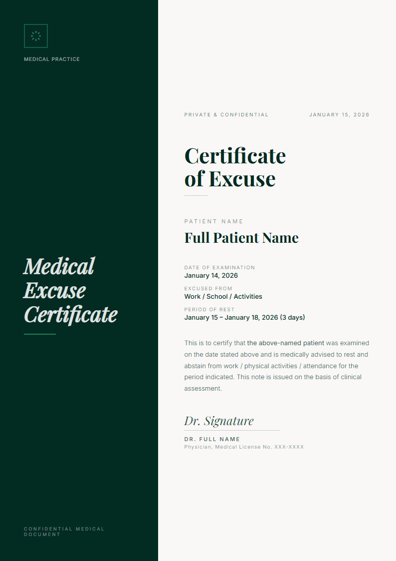 Medical Excuse Note - Doctor Excuse Note Template