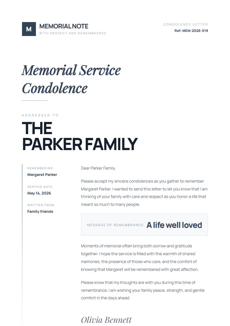 Memorial Service Condolence - Condolence Letter